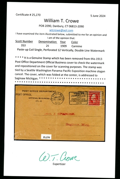 USA Scott 353 Paste Up Single on Cover with 2024 Crowe Cert (SCV $375)