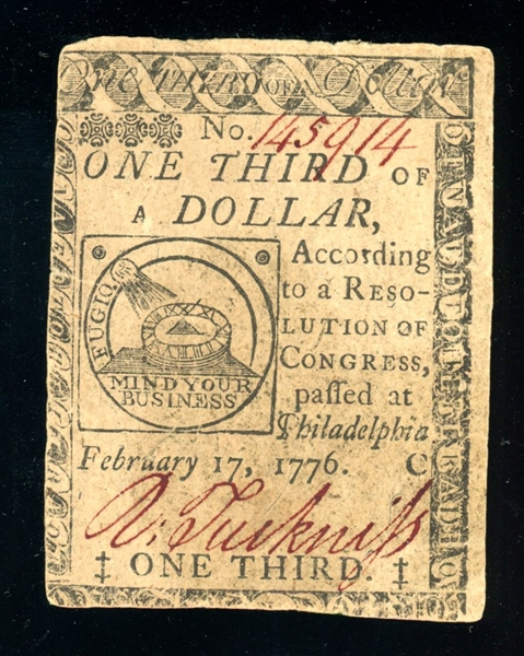 1776 $1/3 Continental Currency, Fr#CC-20 (Est $300-400)