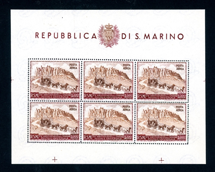 San Marino Scott C75 MNH Sheet of 6, 1951 Stagecoach (SCV $400)