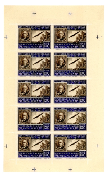 San Marino Scott C55 MNH Rare Sheet of 10, 1947 Stamp on Stamp (SCV $2500)