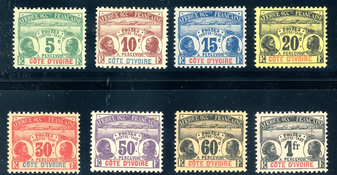 Ivory Coast Scott J1-J8 MH Complete Set, 1906-7 Postage Dues (SCV $108)