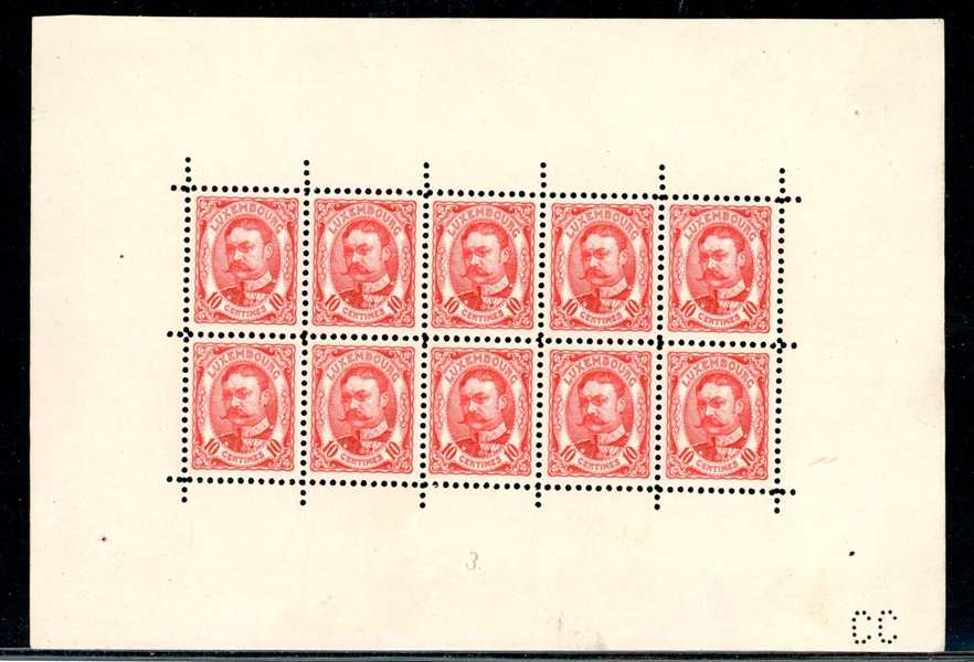 Luxembourg Scott 82a MNH Souvenir Sheet of 10, Grand Duke William IV Accession (SCV $700)