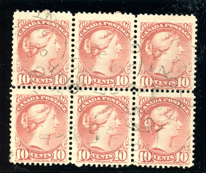 Canada Scott 45 Used Block/6, Fine+, 1897 10¢ Queen Victoria (SCV $390)