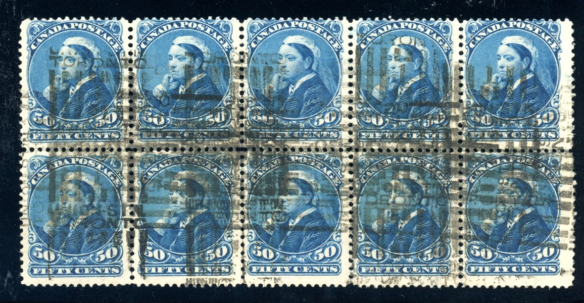 Canada Scott 47 Used Block/10 Fine, 50¢ Queen Victoria (SCV $750)