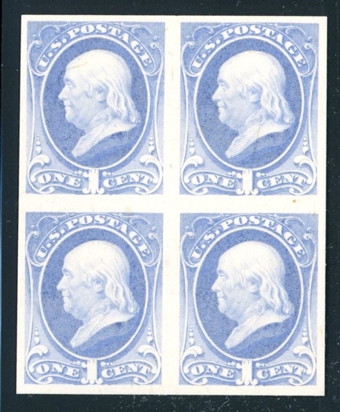 USA Scott 206P3 Block/4, 1¢ Pale Blue Shade Plate Proof (SCV $175)