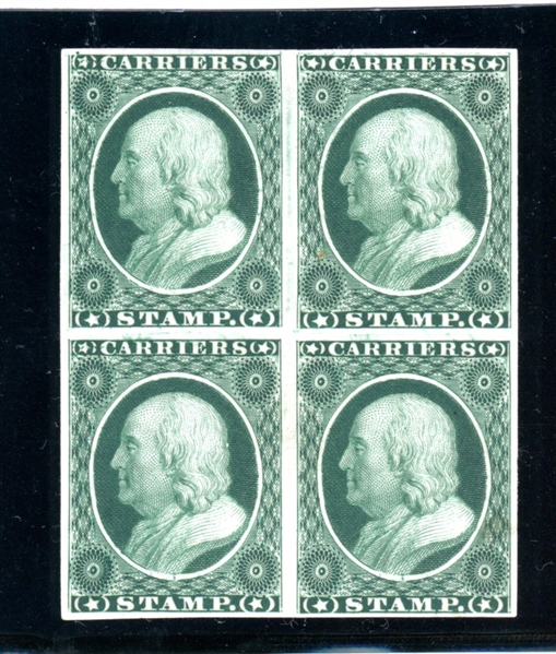 USA Scott LO1TC3a 1851 1¢ Deep Green Plate Proof Block of 4 - Rare! (SCV $1250)