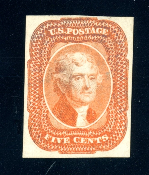 USA Scott 12TC5g 5¢ Jefferson Deep Orange Trial Color Proof w/1984 PFC (SCV $300)