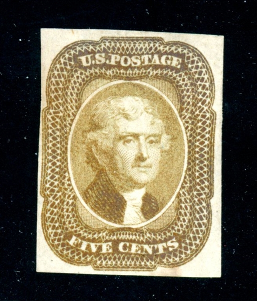 USA Scott 12TC5d 5¢ Jefferson Olive Bistre Trial Color Proof (SCV $300)