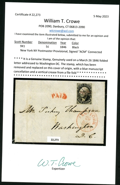 USA Scott 9X1 Used 5¢ Postmaster Provisional on 1846 Cover, 2023 Crowe Cert (SCV $550)