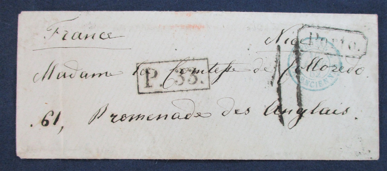 Russia - 1862 Stampless Folded Letter to Nice, France (Est $90-120)