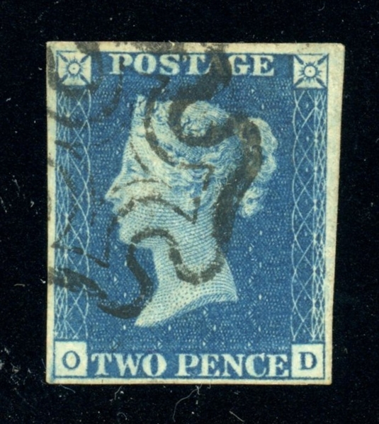 Great Britain Scott 2 Used, 4 Margins, 1840 2p Blue (SCV $950)