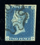 Great Britain Scott 2 Used, 4 Margins, 1840 2p Blue (SCV $950)