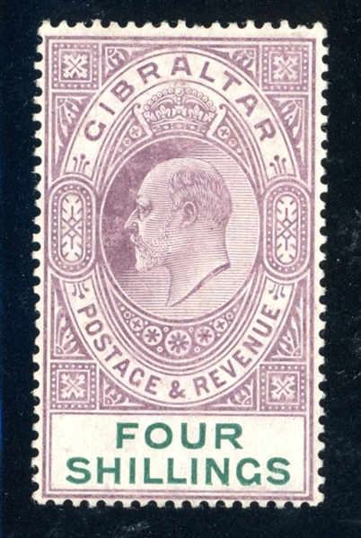 Gibraltar Scott 61 MH F-VF, 1904 4sh KEVII (SCV $350)