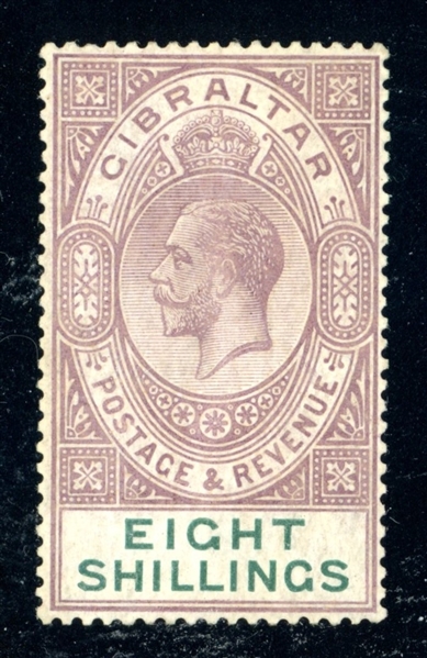 Gibraltar Scott 90 MLH F-VF, 1924 8sh KGV Value (SCV $325)