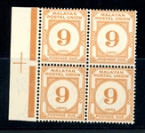 Malaya Scott J17 MNH Margin Block/4, 1945 9¢ Postage Due (SCV $160+)