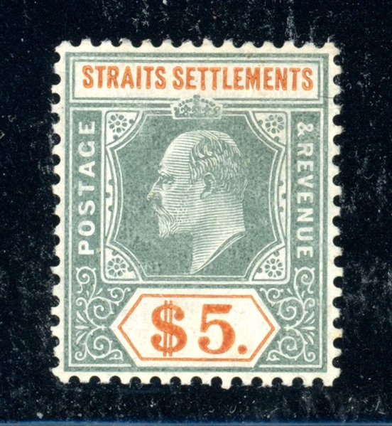 Straits Settlements Scott 127 MHR F-VF, $5 Edward VII (SCV $325) 