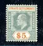 Straits Settlements Scott 127 MHR F-VF, $5 Edward VII (SCV $325) 