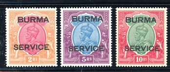 Burma Scott O12-O14 MH F-VF, 1937 High Value Officials (SCV $850)