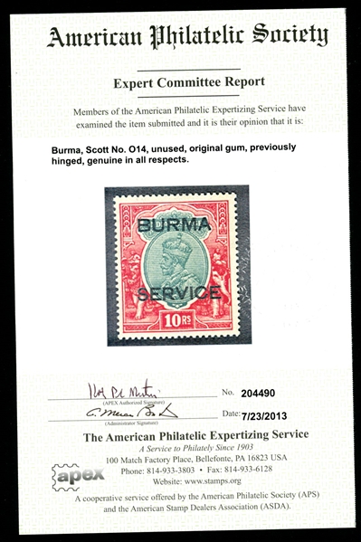 Burma Scott O12-O14 MH F-VF, 1937 High Value Officials (SCV $850)