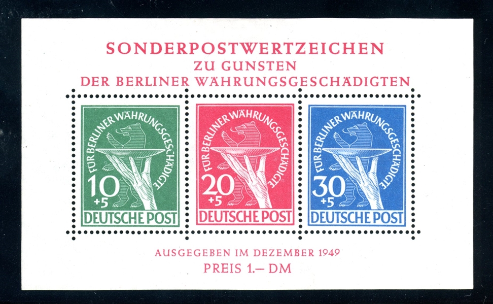 Germany - Berlin Scott 9NB3a MVLH F-VF, 1949 Berlin Bear Sheet (SCV $325)