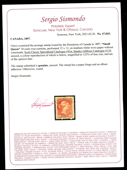 Canada Scott 45a MHR F-VF, 1897 10¢ Queen Victoria w/2021 Sismondo Cert (SCV $600)