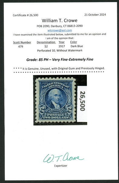 USA Scott 479 MH Grade 85 VF-XF, $2 Perf 10 Madison with 2024 Crowe Cert (SMQ $240)