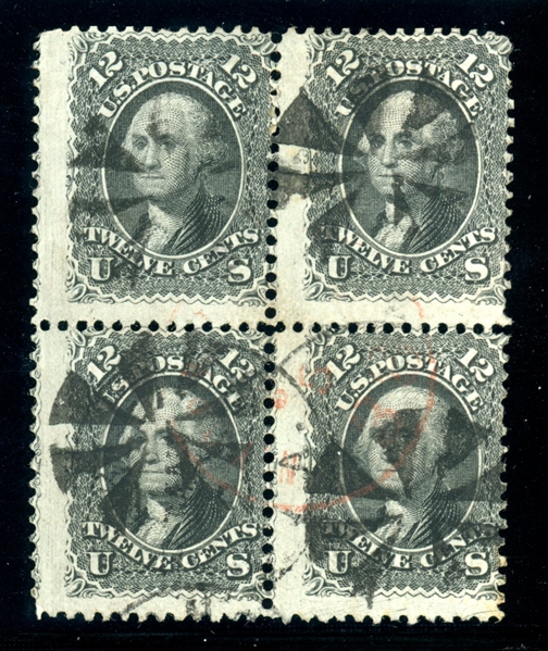 USA Scott 69 Used Block/4 Avg-Fine, 12¢ 1861 Washington (SCV $1100)