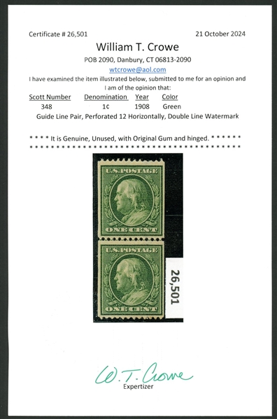 USA Scott 348 MH F-VF Guide Line Pair with 2024 Crowe Cert (SCV $325)