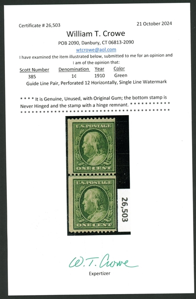 USA Scott 385 MH Fine Guide Line Pair with 2024 Crowe Cert (SCV $450)