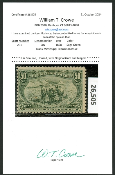 USA Scott 291 MH Fine, 50¢ Trans-Miss with 2024 Crowe Cert (SCV $600)