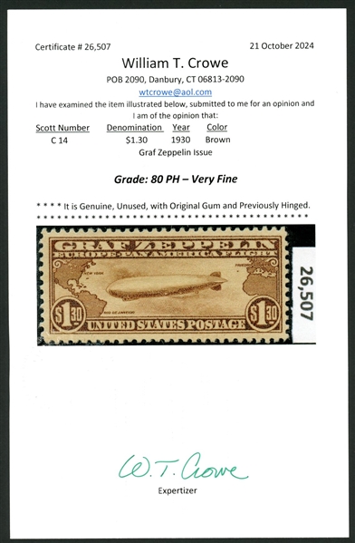 USA Scott C14 MH Grade 80VF, 1930 $1.30 Zeppelin with 2024 Crowe Cert (SCV $375)