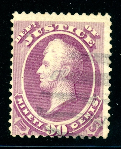 USA Scott O34 Used Fine, 1873 90¢ Justice 2ith 2024 Crowe Cert (SCV $900)