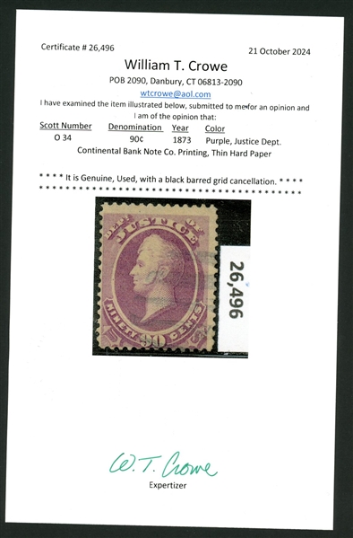 USA Scott O34 Used Fine, 1873 90¢ Justice 2ith 2024 Crowe Cert (SCV $900)