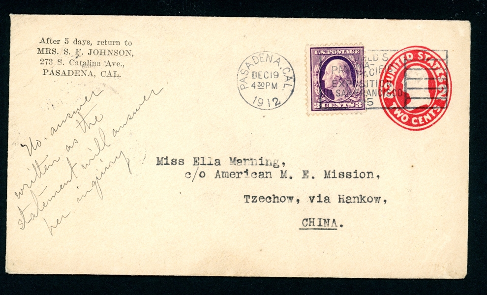 USA Cover Pasadena to China, 1912 (Est $75-100)