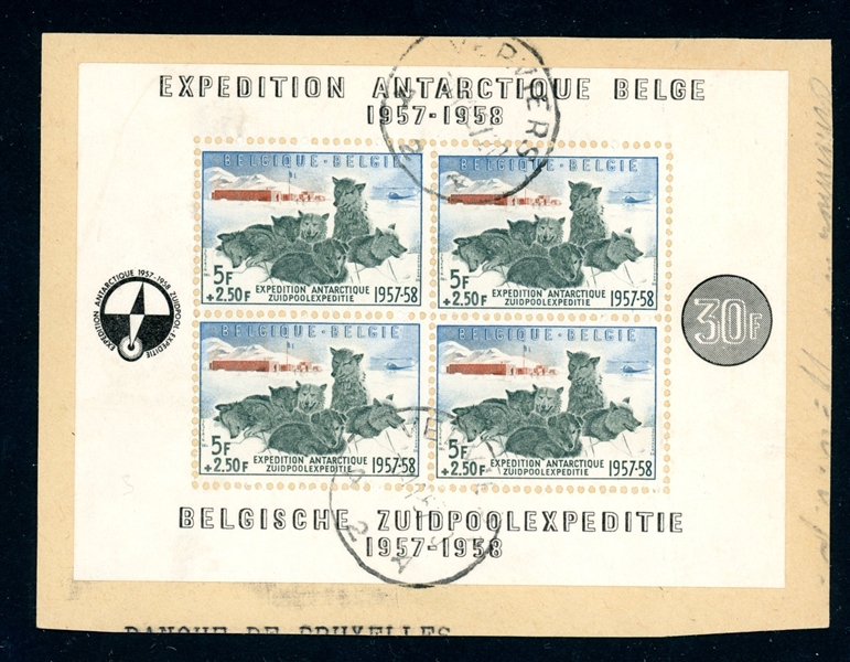 Belgium Scott B605 Used Souvenir Sheet on Piece, 1957 Antarctic Expedition (SCV $140)