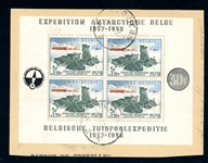 Belgium Scott B605 Used Souvenir Sheet on Piece, 1957 Antarctic Expedition (SCV $140)