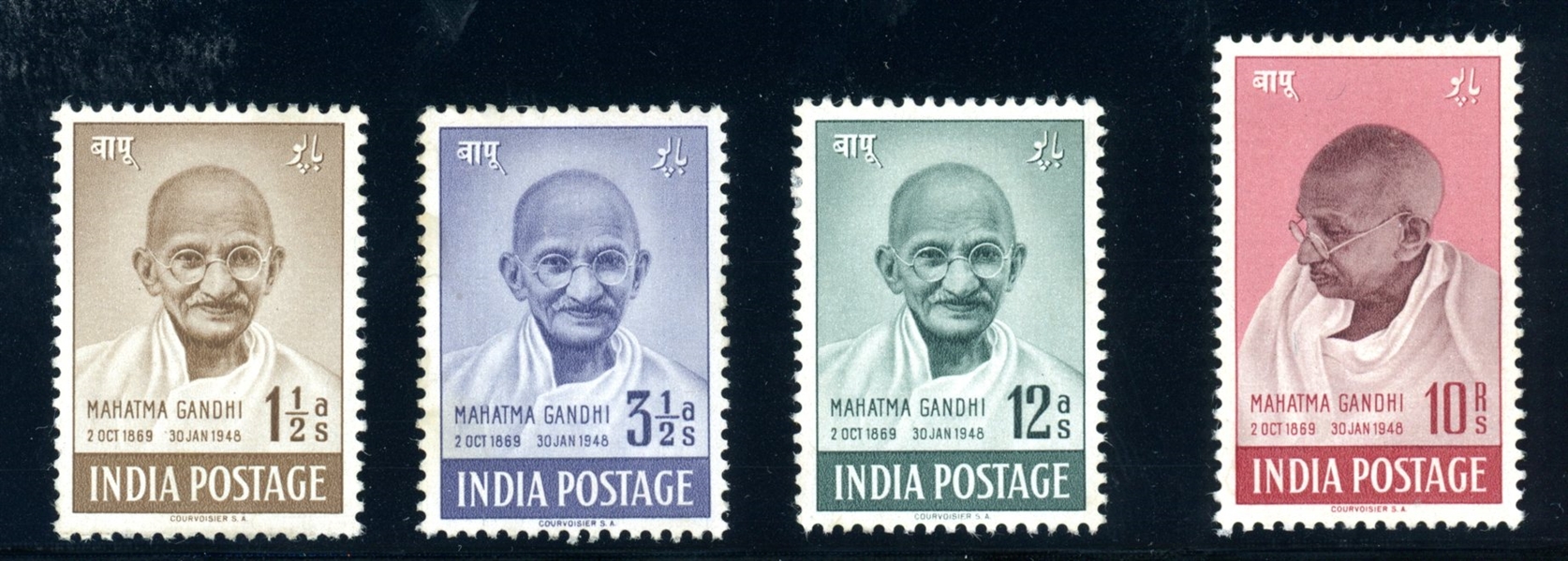 India Scott 203-206 MH Complete Set, 1948 Gandhi (SCV $557)