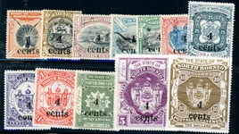North Borneo Scott 124-135 MH Complete Set, 1904 4¢ Surcharges (SCV $205)