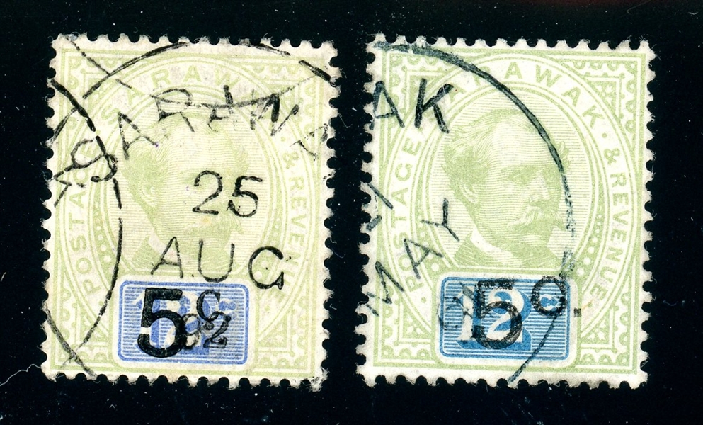 Sarawak Scott 23-24 Used F-VF, 1891 Surcharges (SCV $425)
