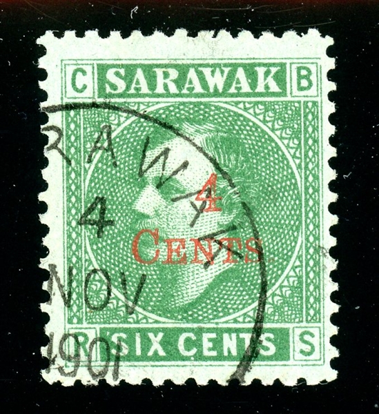 Sarawak Scott 34 Used Fine+, 1899 Surcharge (SCV $135)