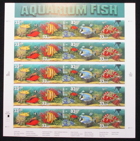 USA Scott 3320c Full Sheet with Overall Tagging - Aquarium Fish (SCV $275)