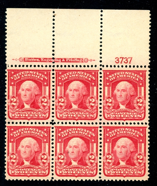 USA Scott 319 MNH Plate Block/6, 1903 2¢ Washington, VF-XF (SCV $310)