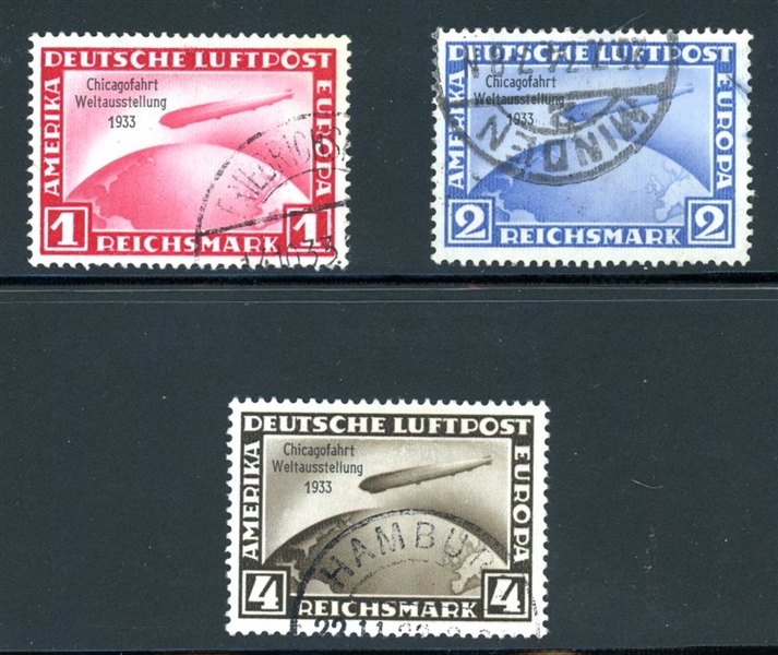 Germany Scott C43-C45 Used Complete Set, 1933 Chicago Fahrt Zeppelins (SCV $755)