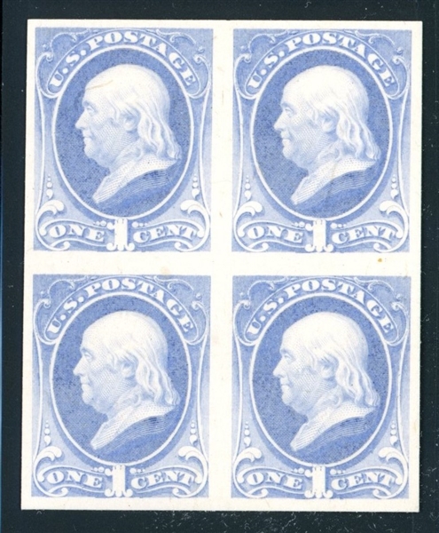 USA Scott 206P3 Block/4, 1¢ Pale Blue Shade Plate Proof (SCV $175)