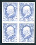USA Scott 206P3 Block/4, 1¢ Pale Blue Shade Plate Proof (SCV $175)
