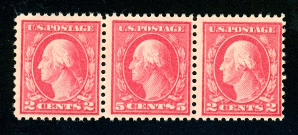 USA Scott 505 in Strip/3 MHR F-VF, 5¢ Rose Error (SCV $325)