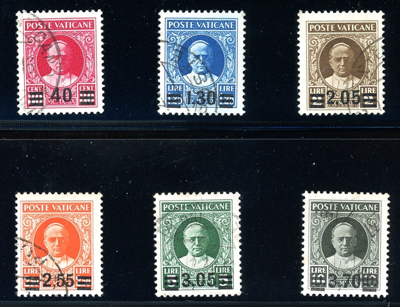 Vatican City Scott 35-40 Used, 1934 Surcharges Complete, 1984 Diena Cert (SCV $1388)