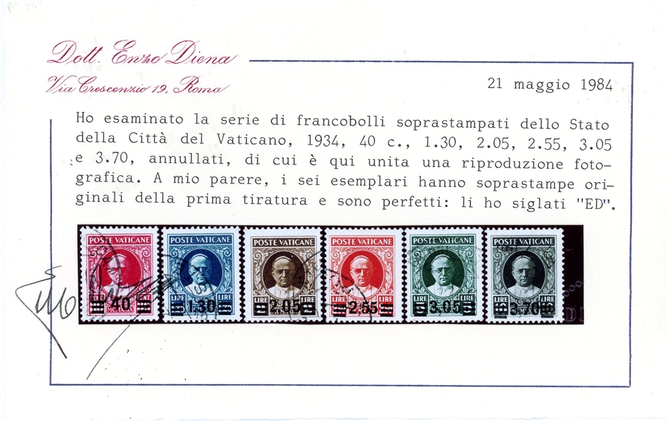 Vatican City Scott 35-40 Used, 1934 Surcharges Complete, 1984 Diena Cert (SCV $1388)
