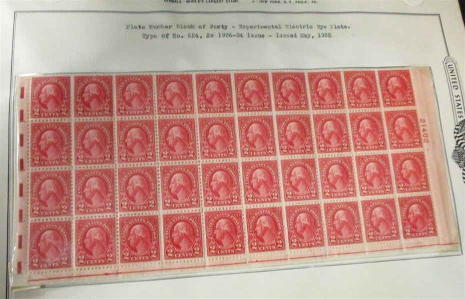 US Large Plate Block Collection, 1920-50's (Est $450-550) 