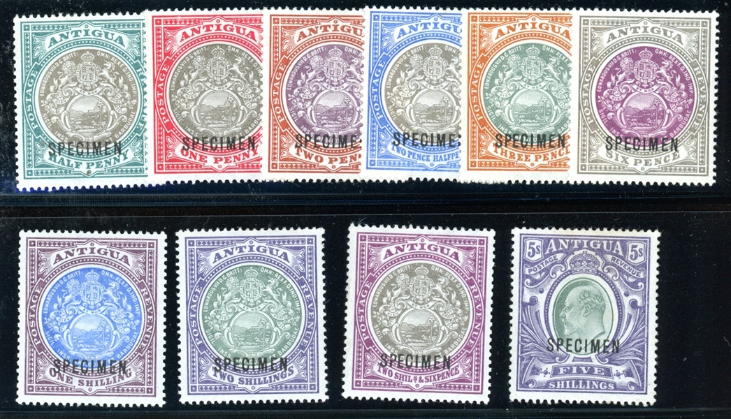 Antigua Scott 21-30 Unused Complete Set, SPECIMEN Overprints (SG £200)